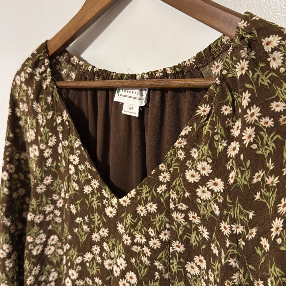 NWT Love Riche Long Sleeve V Neck Floral Dress Ruffle Neutral Women's Medium - Picture 4 of 12